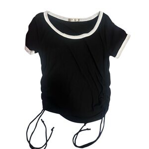 Heart & Hips Black Ribbed Scoop Neck Ringer Tee with Side Ruched Ties